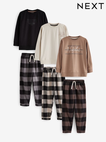 Neutral/Black Long Sleeve Check 100% Cotton Pyjamas 3 Pack (3-16yrs) (E05270) | $129 - $158