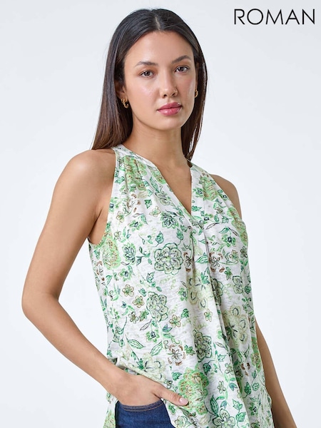 Roman Green Floral Burnout Print Vest Top (E05285) | 79 QAR