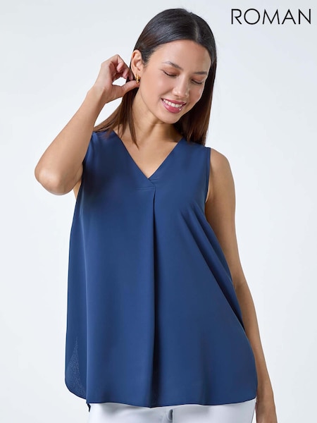 Roman Blue V-Neck Sleeveless Pleat Vest Top (E05286) | 198 QAR