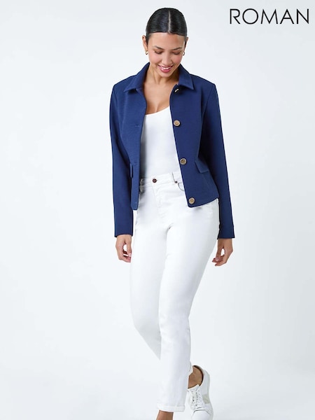 Roman Blue Textured Button Detail Boucle Jacket (E05289) | 148 QAR