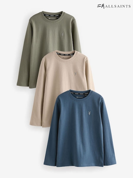 Marineblau/Khaki - smALLSAINTS Boys Brace Crew Long Sleeve 100% Cotton T-Shirts 3 Pack (E05326) | 25 € - 28 €