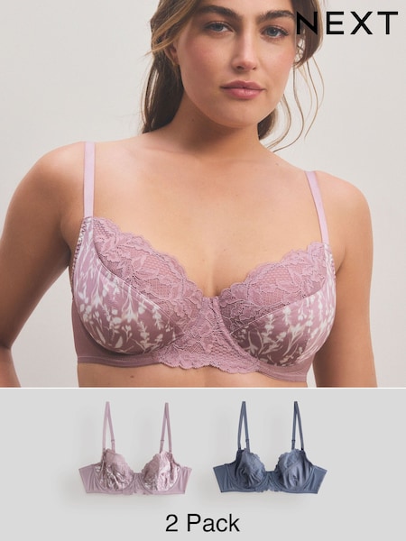 Mauve Pink Print/ Blue 2 Pack Floral Print Non Pad Full Cup Bra (E05332) | €28