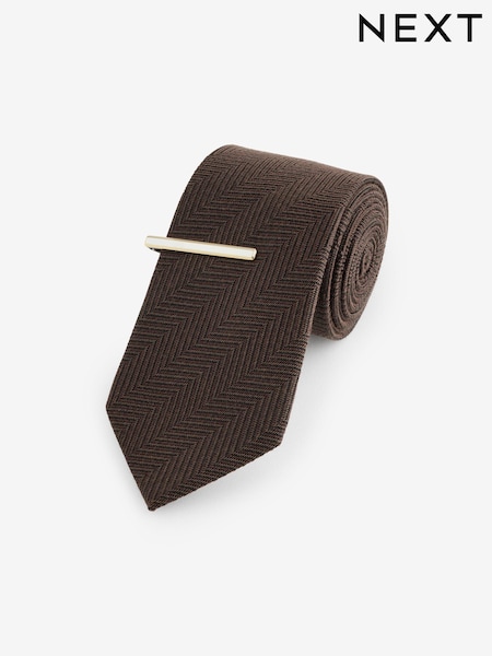 Chocolate Brown Silk Wool Herringbone Tie And Tie Clip (E05550) | 64 QAR