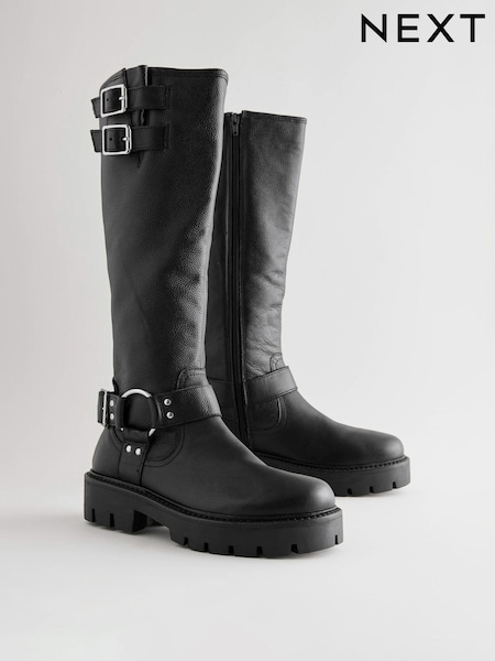Black Leather Extra Wide Fit Forever Comfort® Knee High Double Buckle Biker Boots (E05554) | AED205