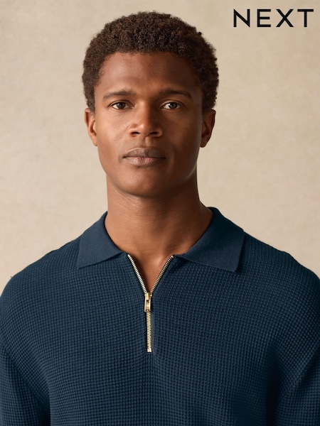 Navy Blue Regular Fit 100% Cotton Long Sleeve Textured Knit Quarter Zip Polo Shirt (E05566) | €21