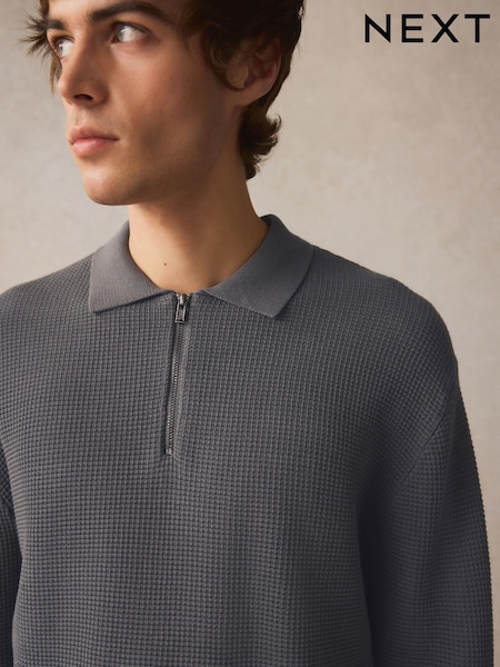 Grey Regular Fit 100% Cotton Long Sleeve Textured Knit Quarter Zip Polo Shirt (E05569) | 94 QAR