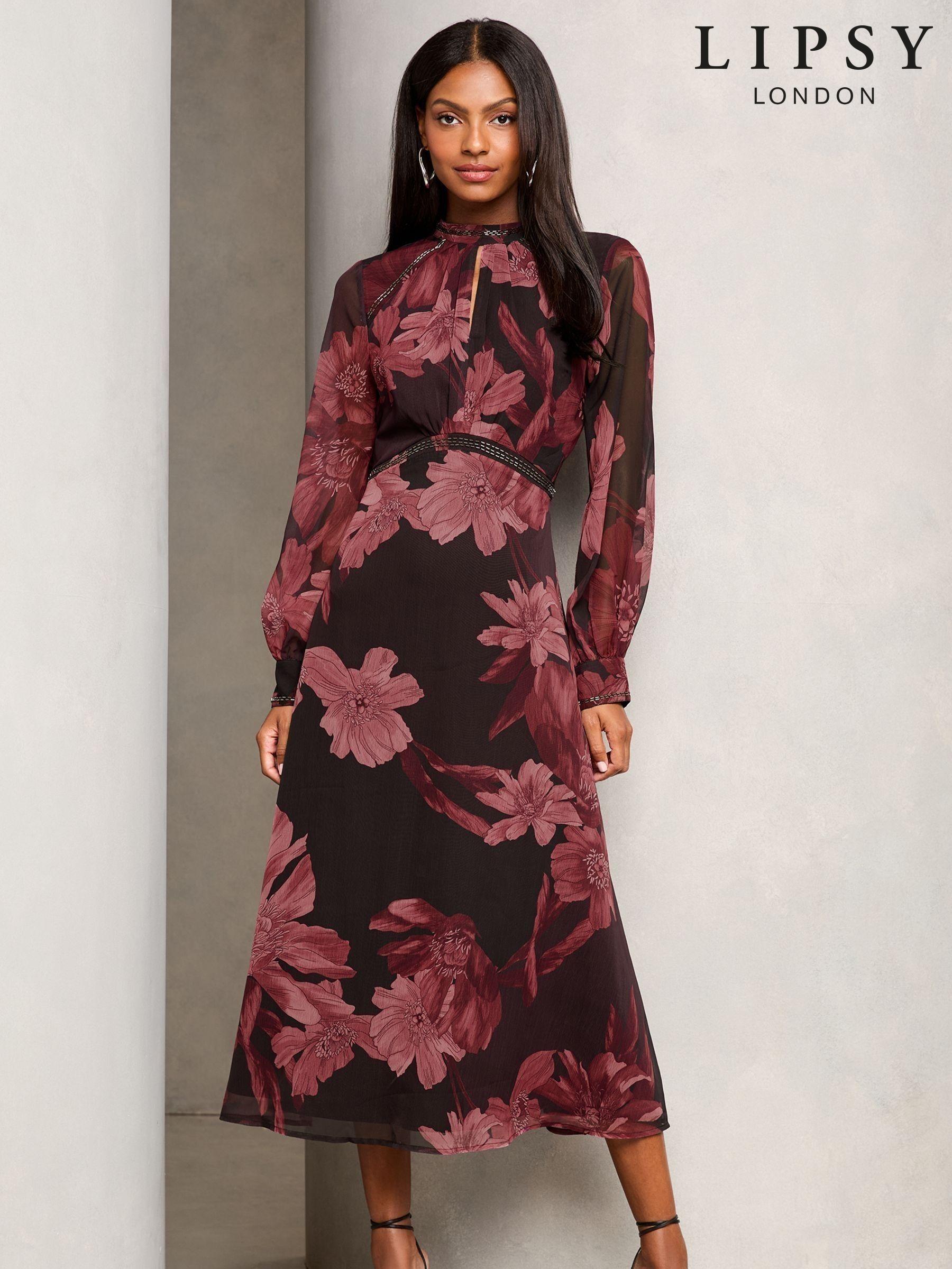 Red floral dress with sleeves cheap