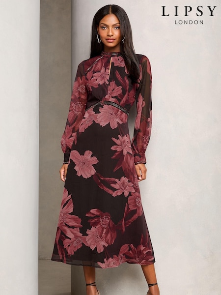 Roșu - Lipsy Printed Woven Mânecă lungă Underbust Midi Rochie (E05621) | 312 LEI