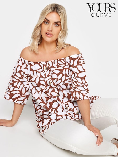 Brown - Yours Curve Leaf Print Bardot 100% Cotton Top (E05721) | €32