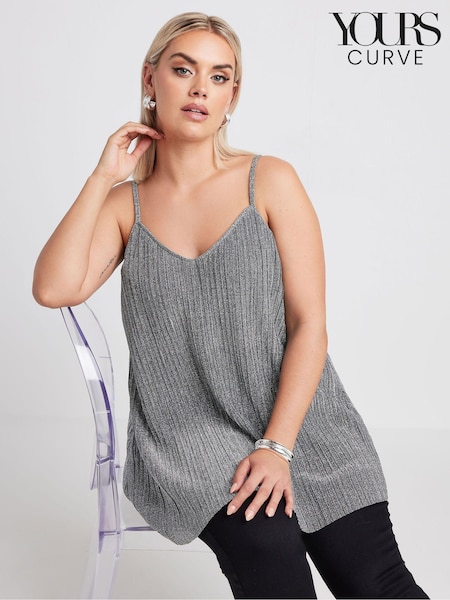Yours Curve Silver Limited Collection Metallic Plisse Cami Top (E05733) | AED118