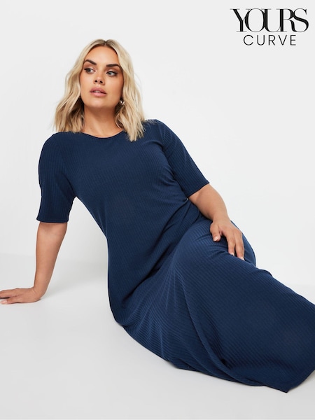 Azul - Yours Curve Short Sleeve Ribbed Swing Maxi Dress (E05751) | R$ 285