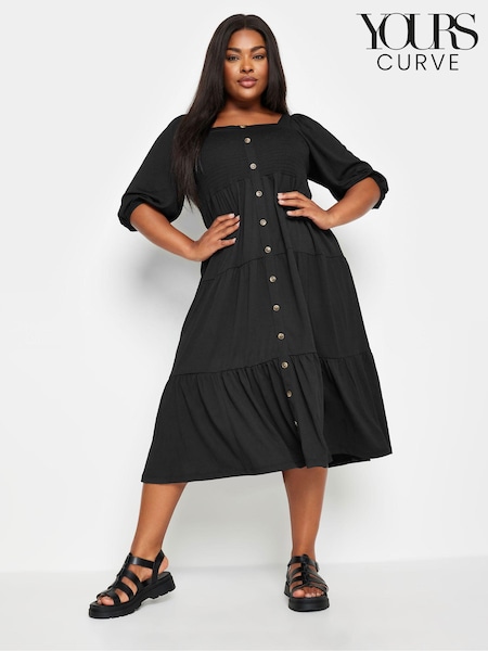Yours Curve Black Button Front Tiered Midi Dress (E05771) | €53