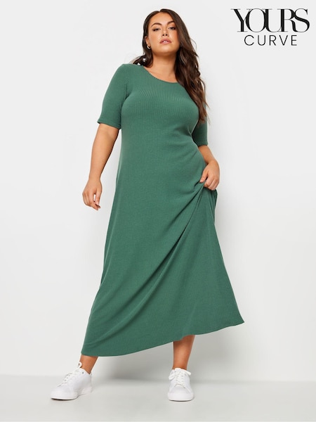 Yours Curve Green Short Sleeve Ribbed Swing Maxi Dress (E05777) | €36