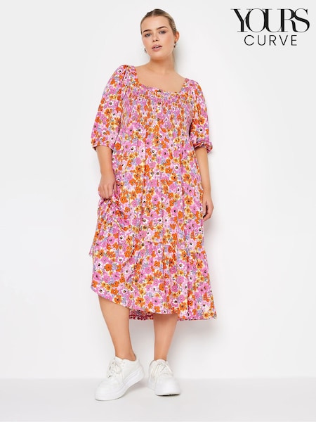 Yours Curve White Floral Print Tiered Midi Dress (E05785) | €43