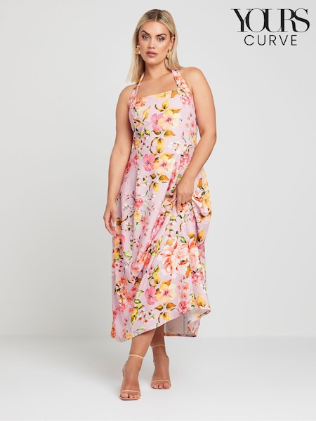 Yours Curve Pink Limited Collection Floral Print Halter Neck Midaxi Dress (E05798) | € 28