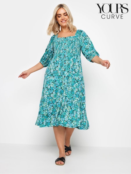 Yours Curve Blue Floral Print Tiered Midi Dress (E05799) | €49