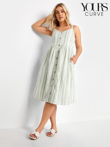 Yours Curve White And Sage Green 100% Cotton Stripe Sundress (E05803) | €43