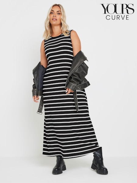 Yours Curve Denim Black Sleeveless Ribbed Swing Maxi Dress (E05805) | kr443
