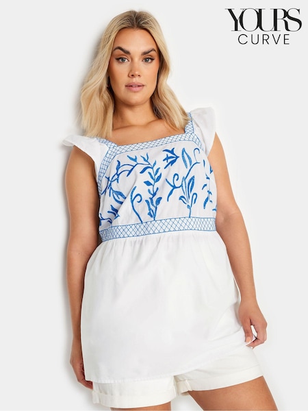 Valkoinen & Sininen - Yours Curve Brodeerattu Peplum 100% puuvillaa (E05837) | €43