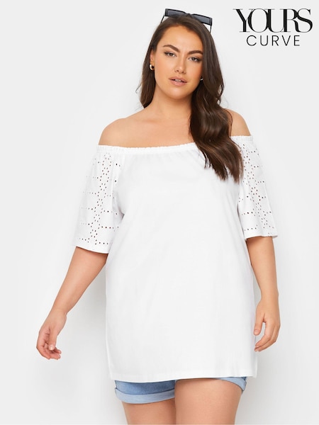 Yours Curve White 100% Cotton Broderie Anglaise Bardot Top (E05849) | €28
