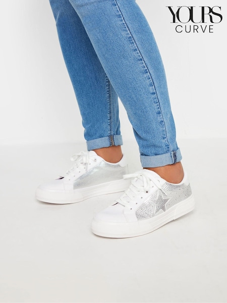 Yours Curve White Extra Wide Fit Diamante Trainers (E05856) | €50