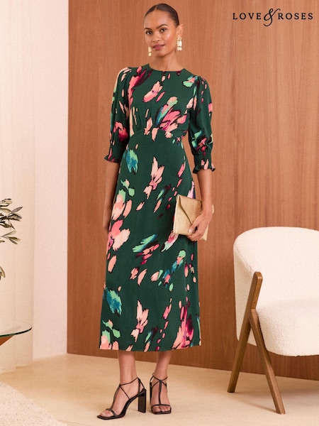 Love & Roses Green Smudge Empire Seam Flute Sleeve Midi Dress (E05946) | €22.50