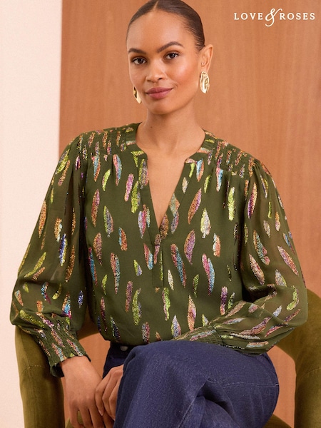 Love & Roses Khaki Green Metallic Chiffon V Neck Long Sleeve Over The Head Blouse (E05977) | AED227