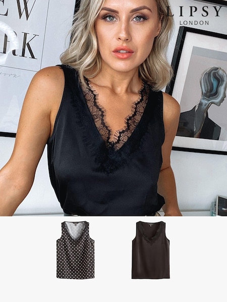 Lipsy Black/ Black and White Spot Multipack V Neck Lace Trim Vest (E06034) | 145 QAR