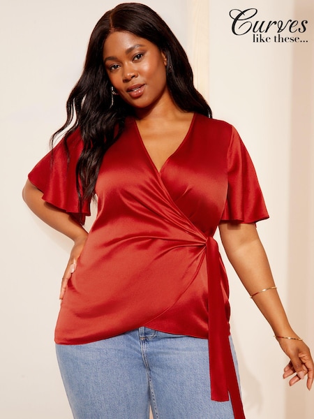 Curves Like These Red Short Sleeve Satin Wrap Blouse (E06045) | €23