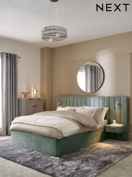 Plush Chenille Slate Teal Blue Mayfair Upholstered Hotel Bed Frame with Ottoman Storage Bedside Tables and Lights (E06056) | €1,675 - €1,800