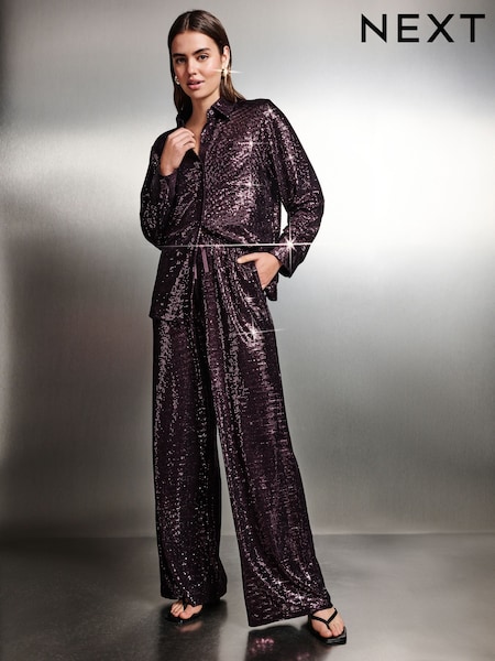 Burgundy Sequin Wide Leg Trousers (E06103) | €23