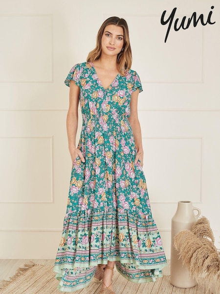 Yumi Green Festival Floral Print Ruched Waist Maxi Dress (E06142) | €34