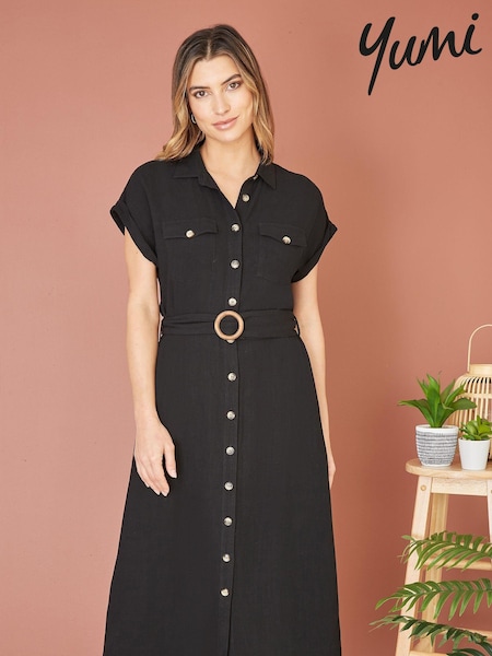 שחור - Yumi Viscose Look Midi Shirt Dress With Wooden Belt (E06145) | ‏277‏₪
