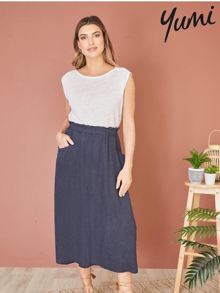 Yumi Italian 100% Linen Midi Skirt With Pockets (E06153) | 201 LEI