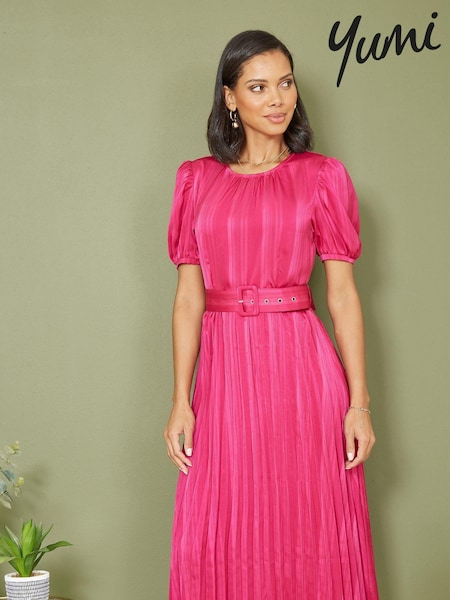 Yumi Pink Satin Striped Midi Dress With Pleats and Matching Belt (E06154) | €46