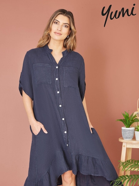Yumi Blue Italian 100% Linen Shirt Dress With Frill Hem (E06157) | €83