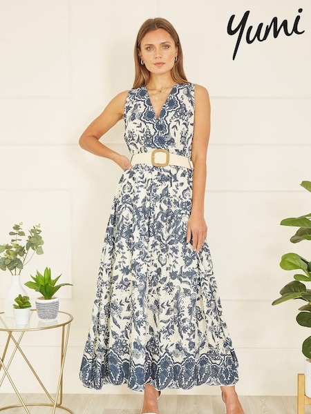 Yumi Blue Floral Border Print Broderie Anglaise 100% Cotton Midi Dress (E06159) | €49