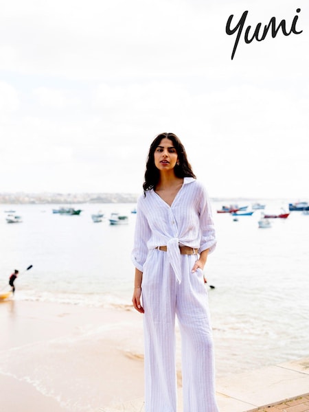 Yumi White Italian 100% Linen Wide Leg Trousers With Belt (E06162) | €58