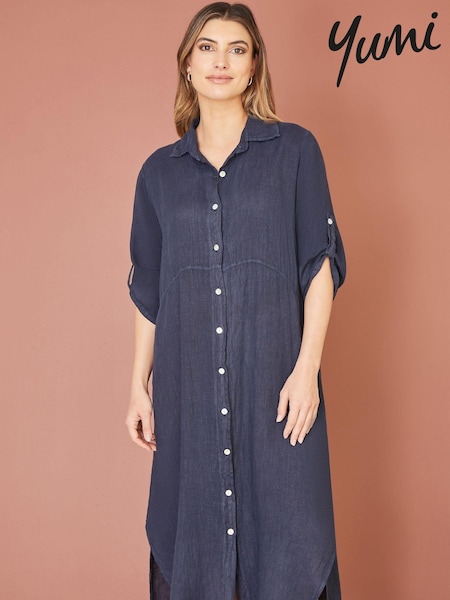 Yumi Italian 100% Linen Hand Dip Dyed Midi Shirt Dress With Turn Up Sleeves (E06163) | ‏377‏₪