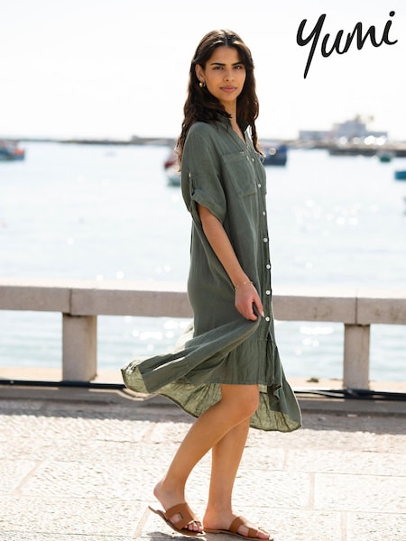 Yumi Italian 100% Linen Shirt Dress With Frill Hem (E06170) | 232 LEI