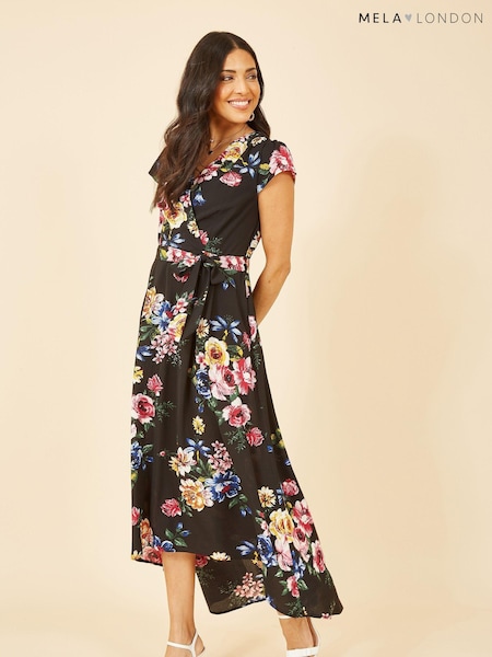 Черный - Mela Floral Wrap Over Dipped Hem Midi Dress (E06179) | €27
