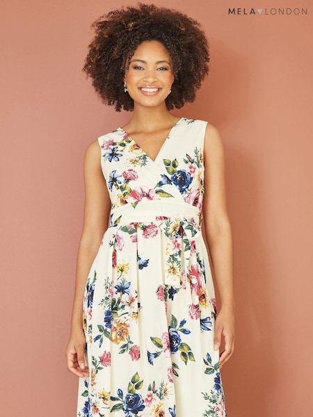 Mela Cream Floral Wrap Over Midi Skater Dress (E06181) | €30