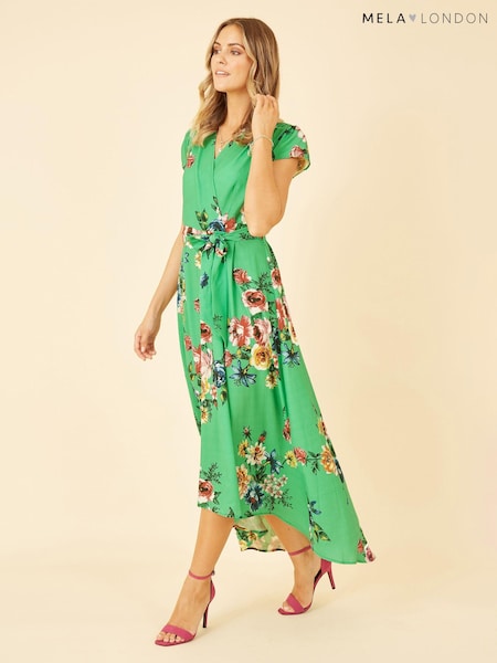 Mela Green Floral Wrap Over Dipped Hem Midi Dress (E06183) | €27