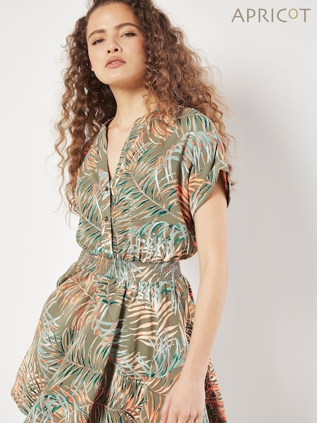 Apricot Green Leaf Smock Waist Mini Dress (E06197) | €44