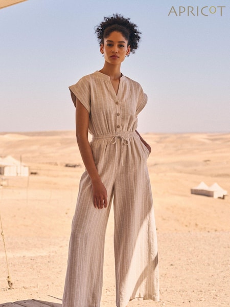 Apricot Natural Striped Palazzo Tie Through Linen Mix Jumpsuit (E06214) | €31