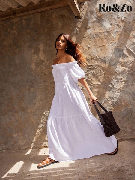 Ro&Zo White 100% Cotton Off Shoulder Cheesecloth Dress (E06298) | €56