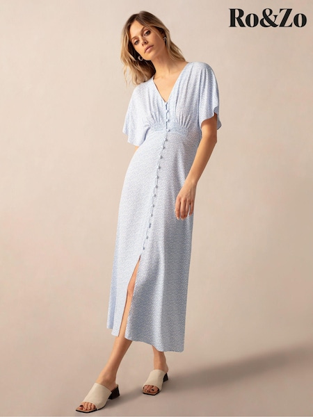 Ro&Zo Blue Squiggle Print Button Through Midi Dress (E06319) | €56