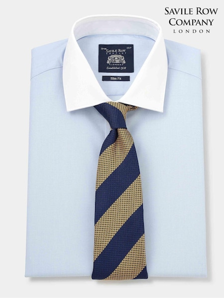 Savile Row Company Slim Blue Contrast Collar Double Cuff 100% Cotton Shirt (E06336) | 287 LEI