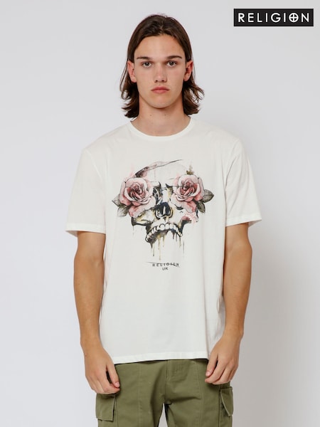 Religion White Roses Skull 100% Cotton T-Shirt (E06558) | €25