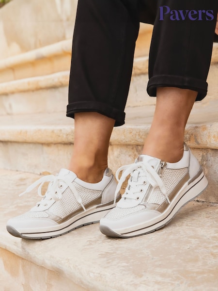 Pavers White Pavers Silver Lace-Up Leather Trainers (E06759) | €69